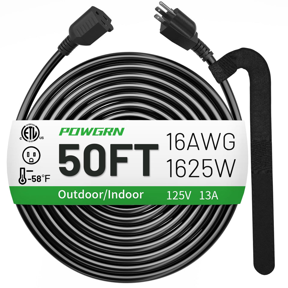 POWGRN 50 ft extension cord in black ideal for long-range outdoor power delivery.