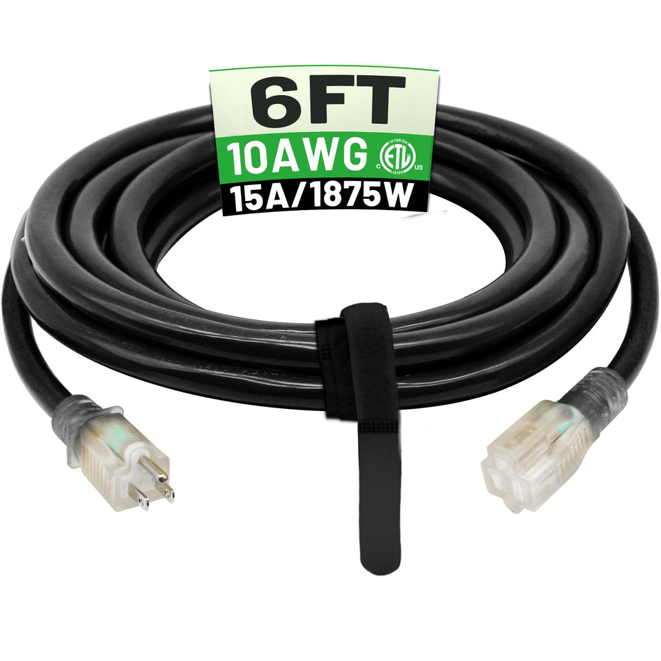 POWGRN 6ft 10AWG outdoor extension cord ready for rugged outdoor use.
