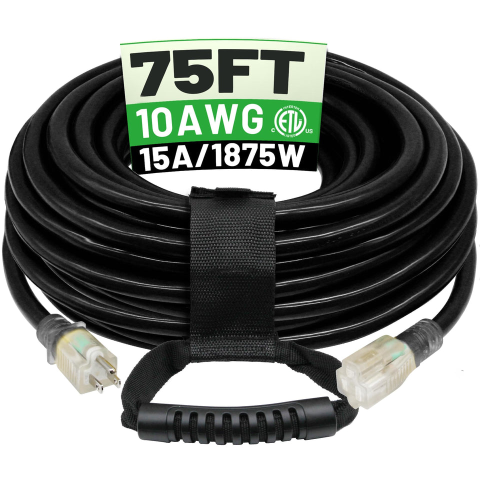 POWGRN 75 ft extension cord lighted end visible for safer outdoor use.