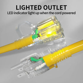 POWGRN extension cord with lighted end indicating power status for safer operation