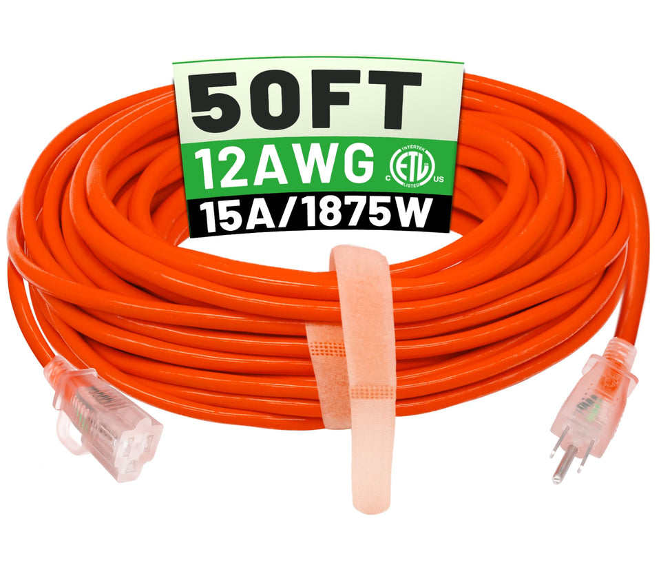POWGRN outdoor extension cord 50ft with lighted end for easy power status.