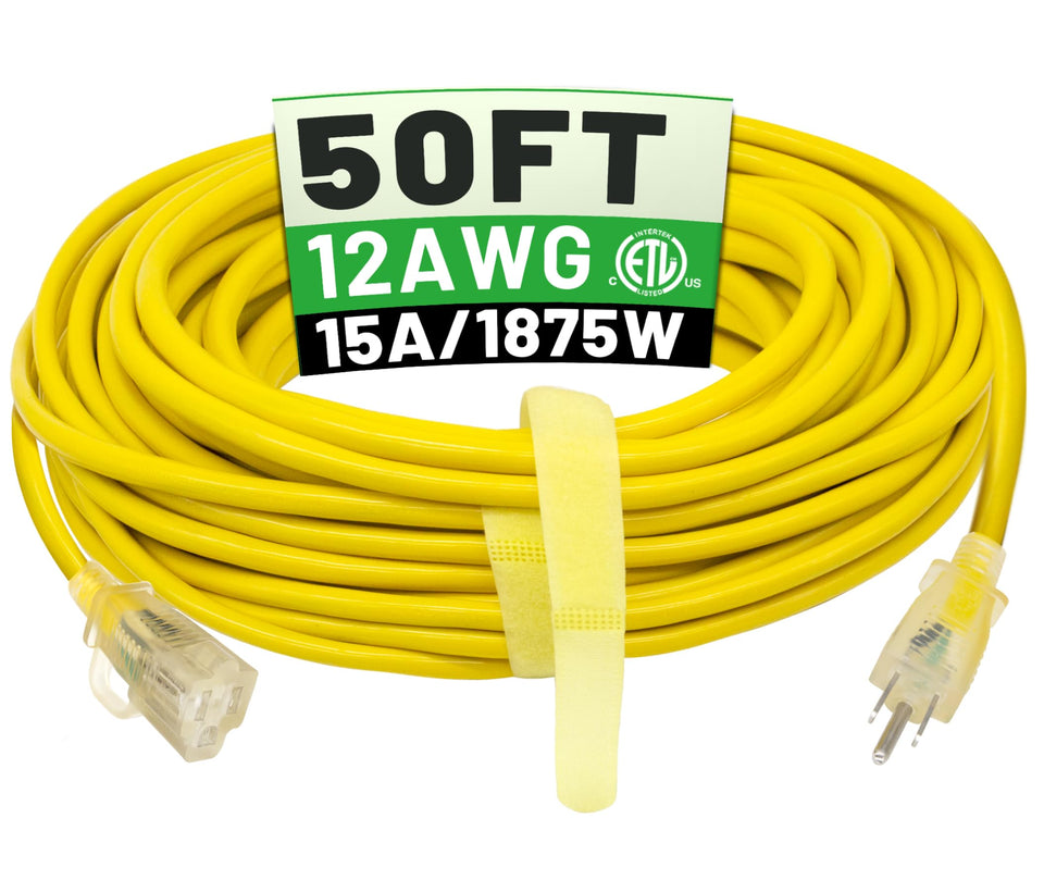 POWGRN 50 ft outdoor extension cord with LED indicator shows power status outdoors
