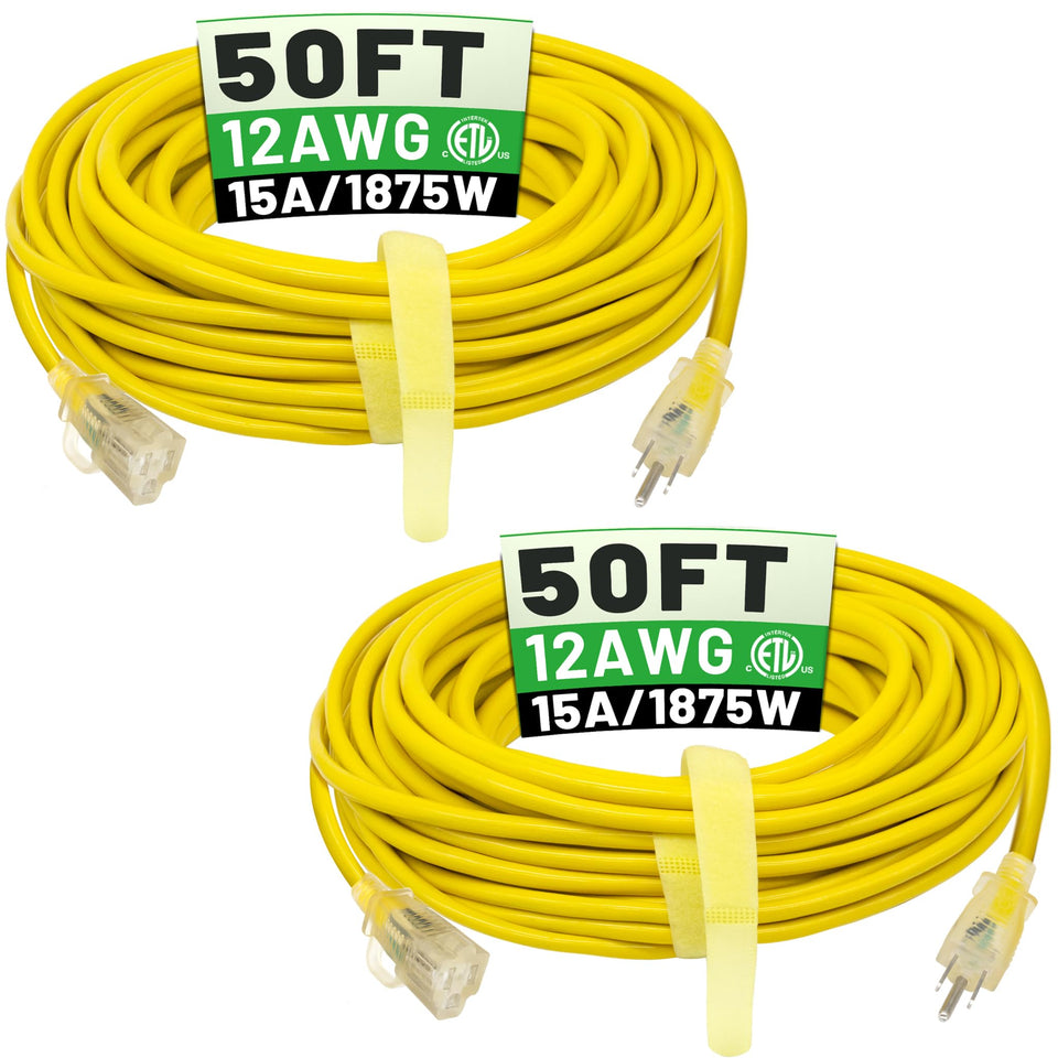 POWGRN outdoor extension cord 50ft with lighted end, ideal for visible, safe outdoor power.