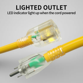 Powgrn extension cord with lighted end shows power status in dim conditions.