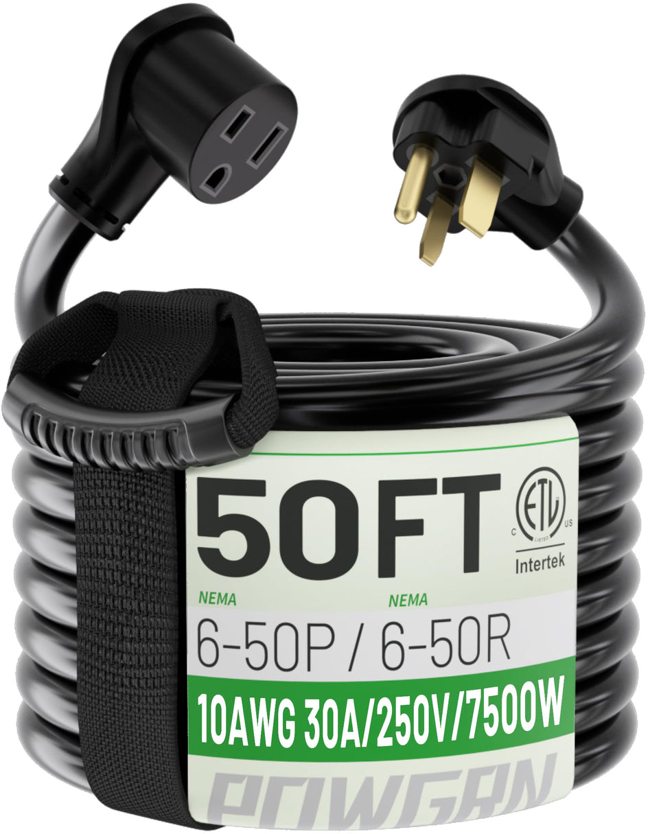 POWGRN welder cord 50ft showing 30A compatibility for portable welding tasks