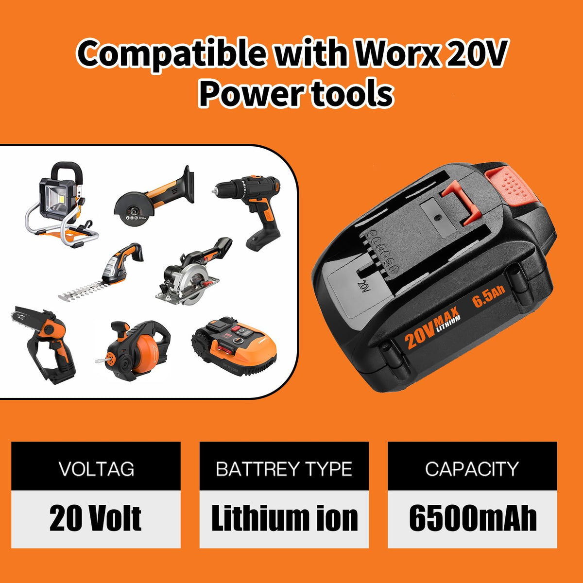 Powilling 6500mAh battery replacement for WA3525 extends tool use