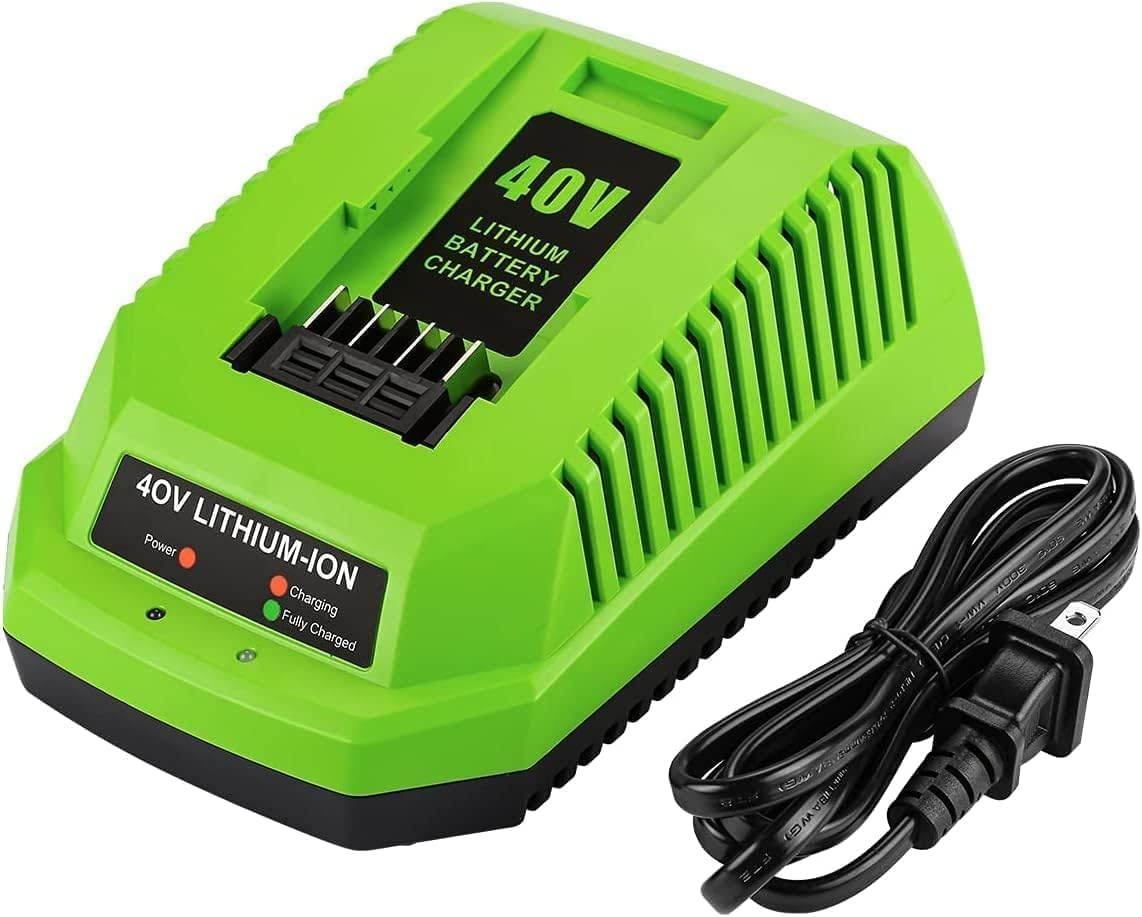 Powilling Greenworks 40V charger front view shows compact, space-saving design.