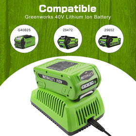 Powilling Greenworks 40V charger side profile highlights slim, mountable form.