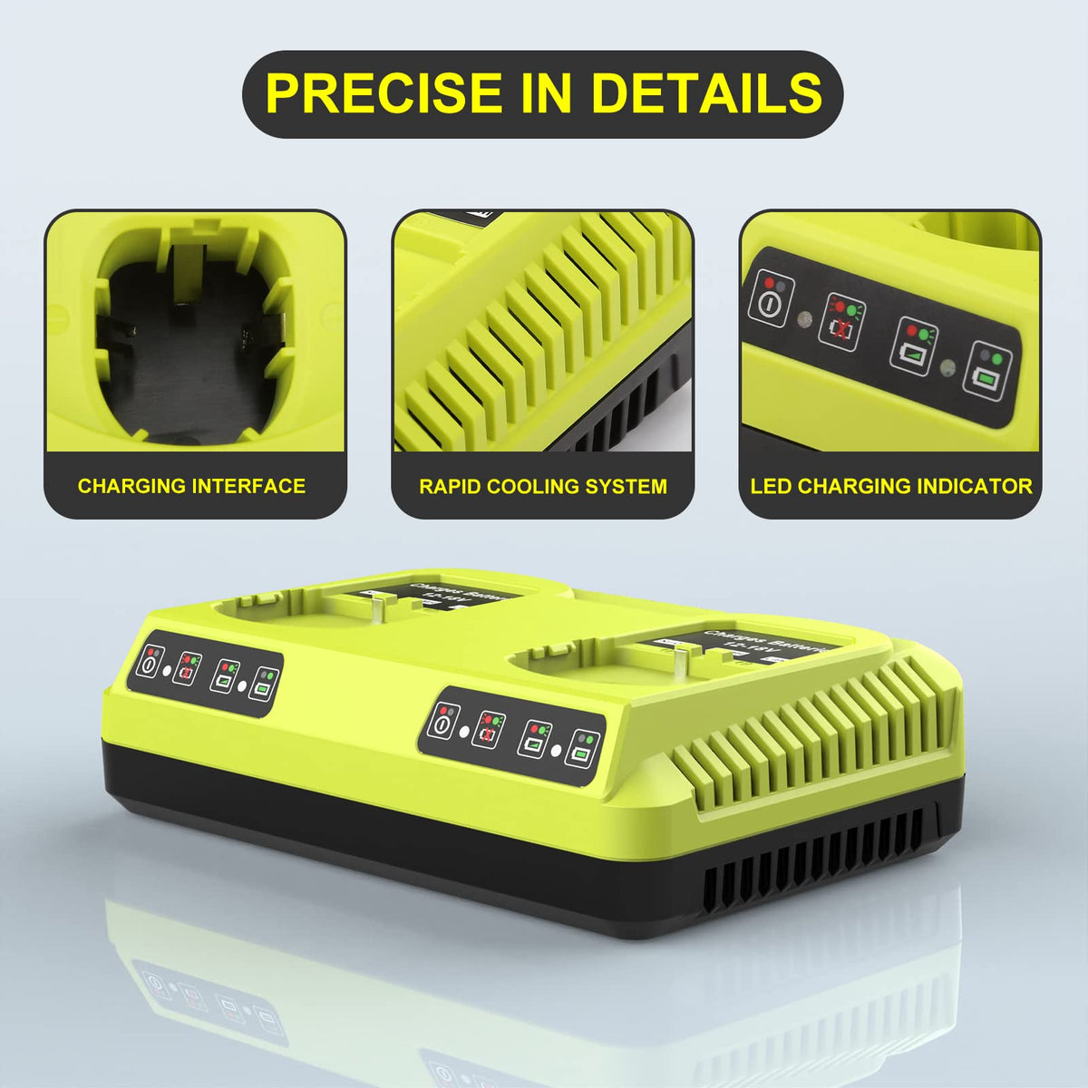 Powilling Ryobi 18V charger in-use view highlights quick two-battery charging.