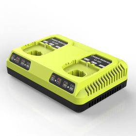 Powilling Ryobi dual-charger 100-240V input image highlights universal mains compatibility.
