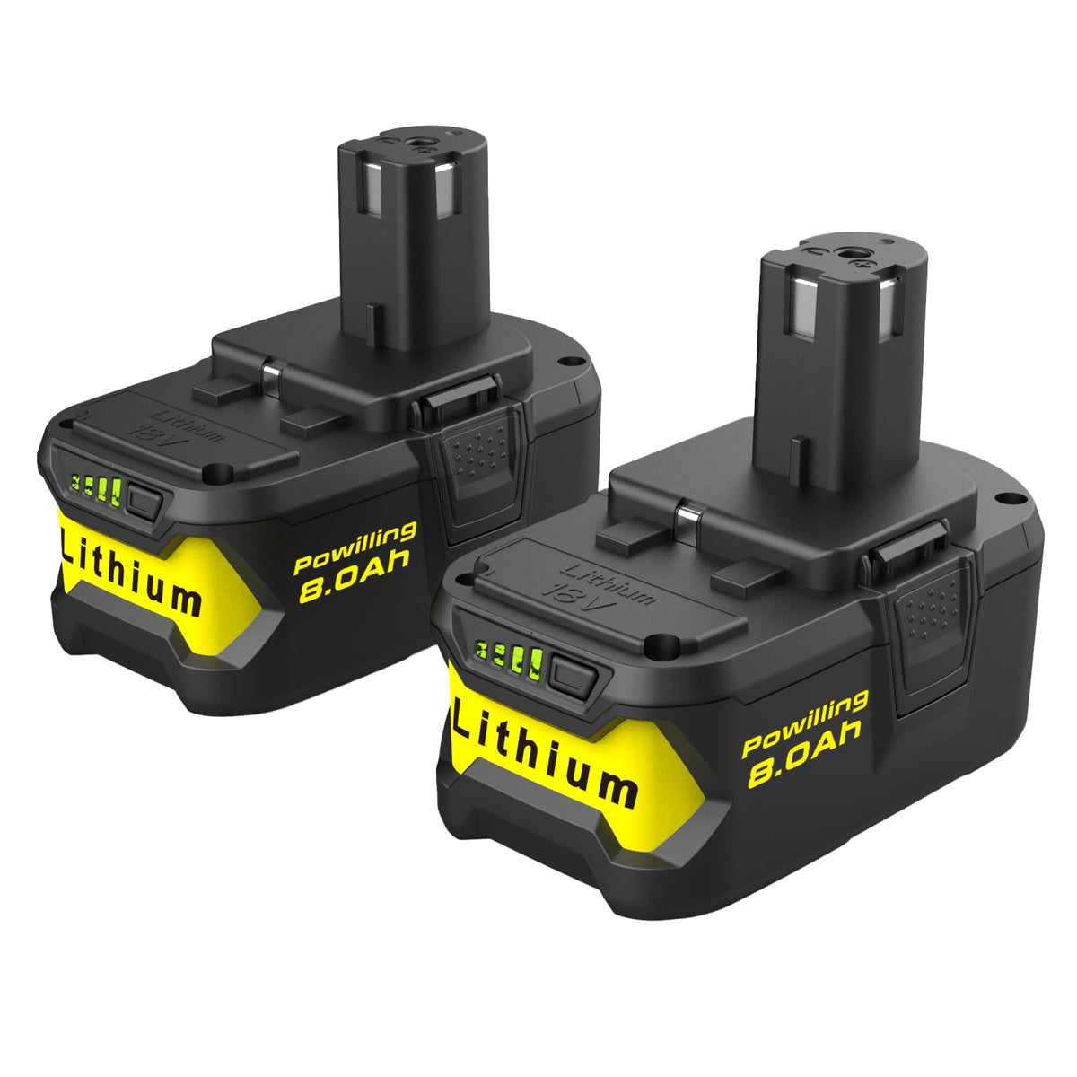 Powilling upgraded 8Ah 2-pack P108 battery with longer runtime for Ryobi 18V tools.
