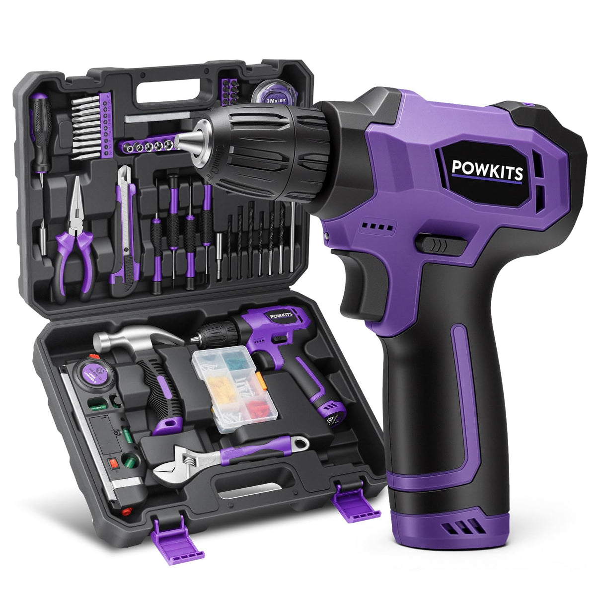 Powkits 8V cordless drill with built-in LED for precise drilling in dim areas.