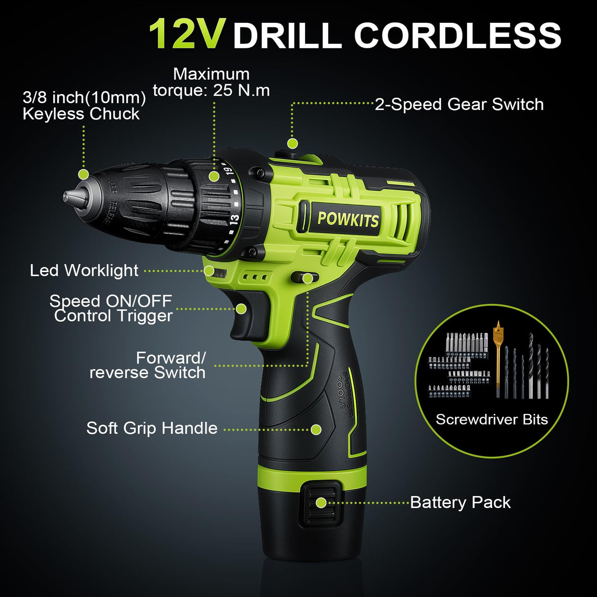 POWKITS drill with LED light illuminating work area for precision