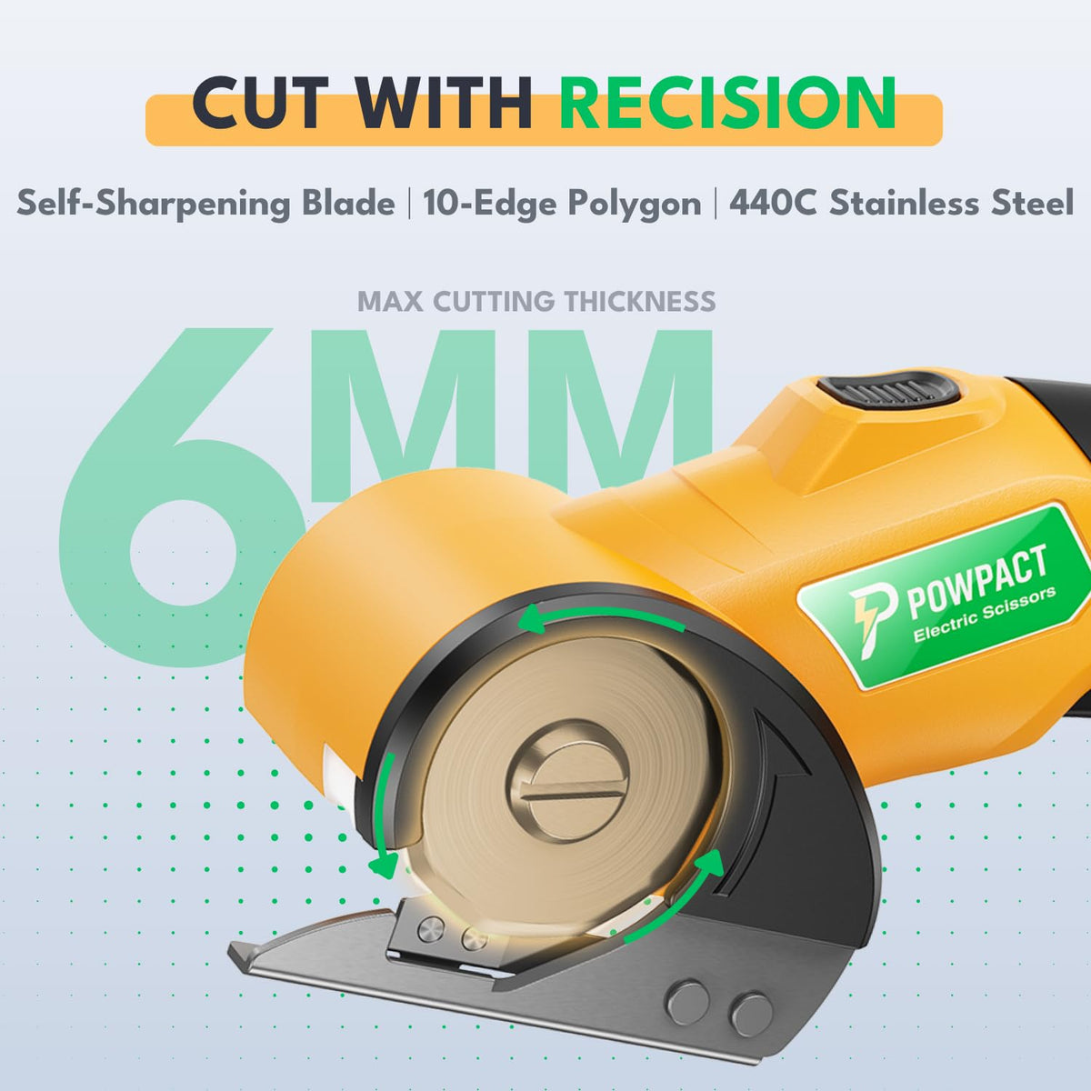 Powpact automatic rotary cutting blade providing smooth edges