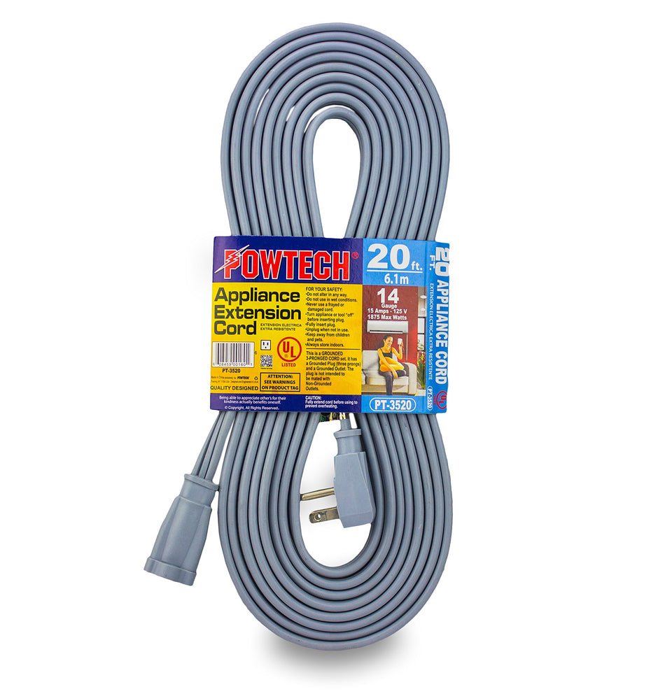 POWTECH heavy-duty extension cord 20ft with three outlets for large appliances.