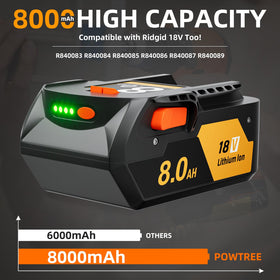 POWTREE 8000mAh label on Ridgid replacement battery for informed choice