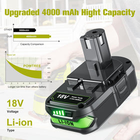 PowTree 4000mAh Ryobi P103 battery ready for fast charging with Ryobi charger