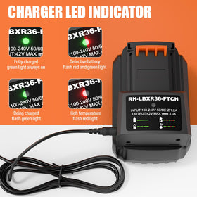 POWTREE 40V battery charger with universal input for quick tops-ups.