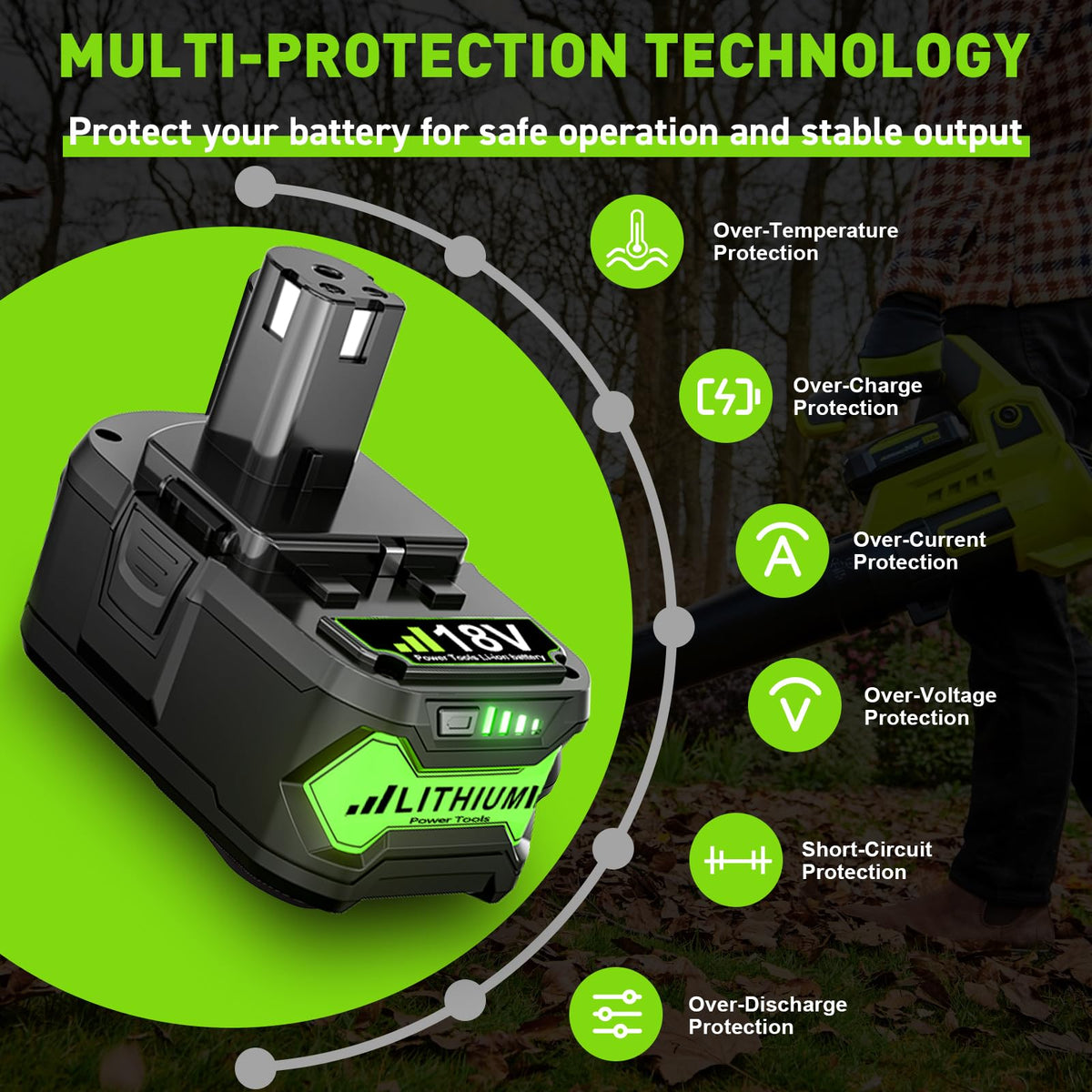POWTREE High-capacity Ryobi 18V battery with durable cell construction.