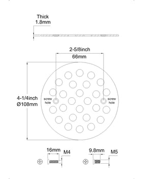 108 mm outer diameter round drain cover in black for durable use.