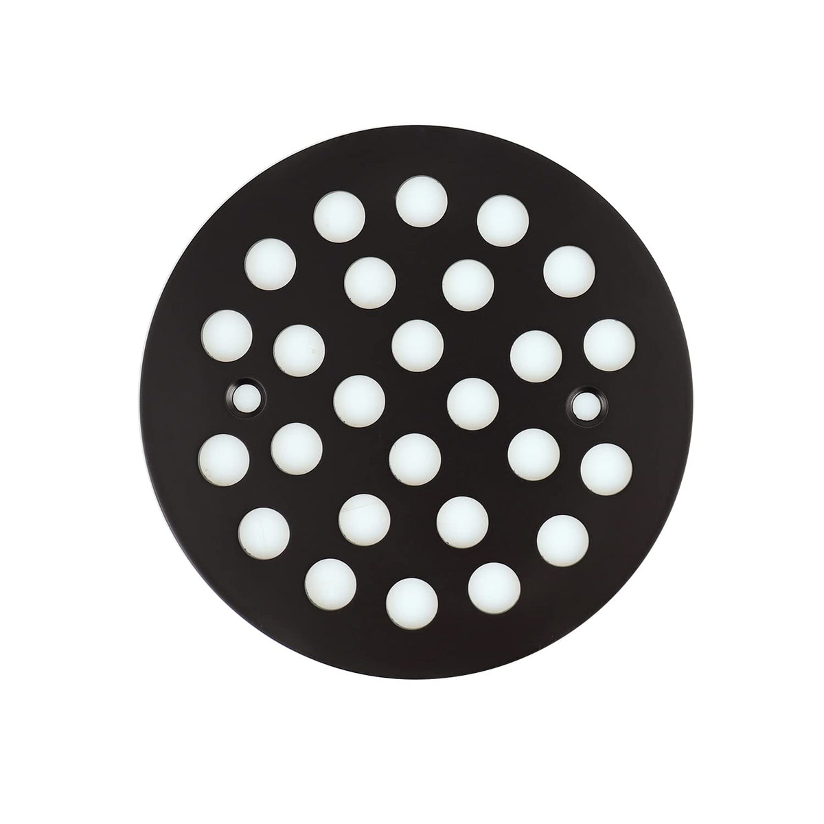 Poyde 4-1/4 inch screw-in round drain cover in black with included screws for quick replacement.
