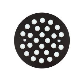 Poyde 4-1/4 inch screw-in round drain cover in black with included screws for quick replacement.