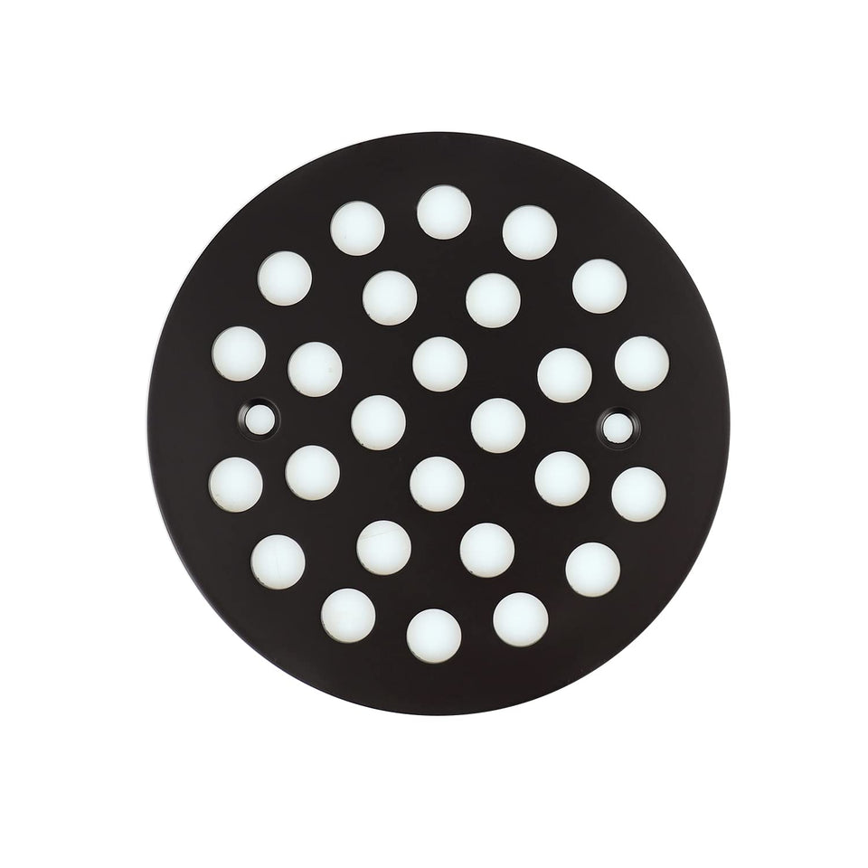 Poyde 4-1/4 inch screw-in round drain cover in black with included screws for quick replacement.