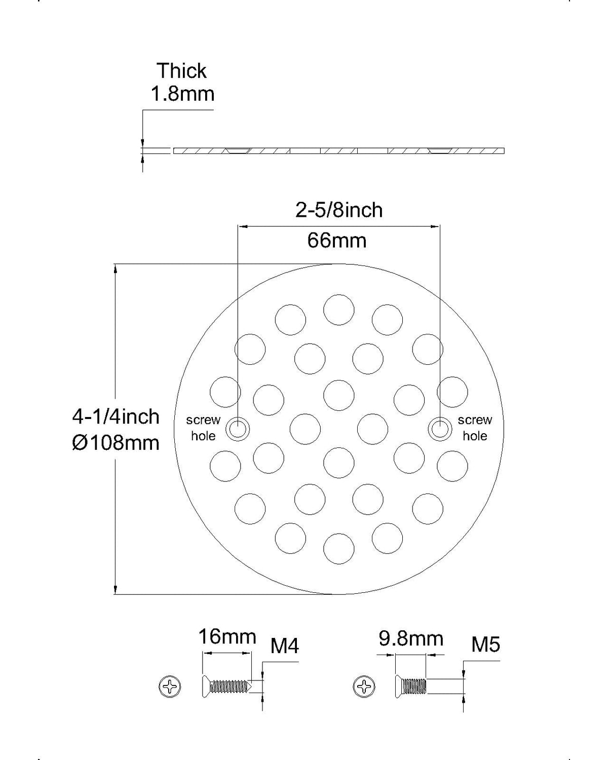 Poyde screw-in drain cover showing 108mm diameter for secure fit