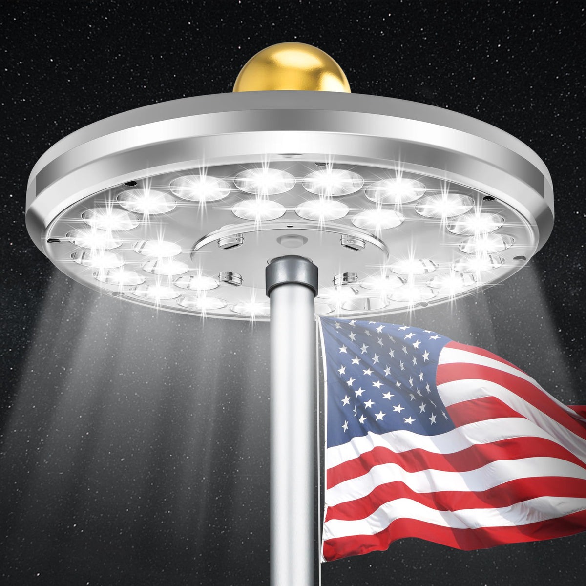PPQ flag pole light with silvery finish boosts nighttime flag visibility