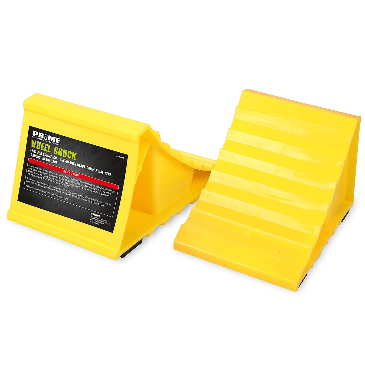 PR1ME wheel chocks 2-pack yellow in RV storage, ready for quick use.