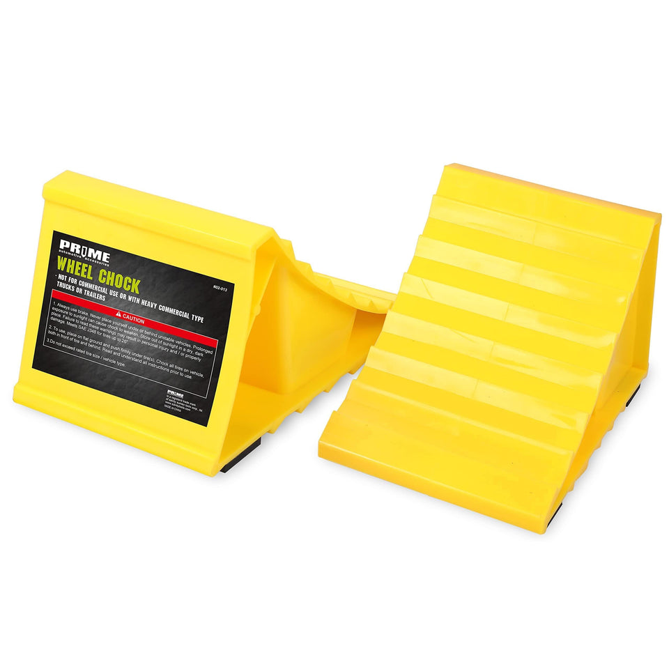 PR1ME wheel chocks 2-pack yellow in RV storage, ready for quick use.