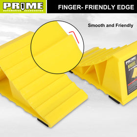 PR1ME wheel chocks bright yellow for high visibility during setup.