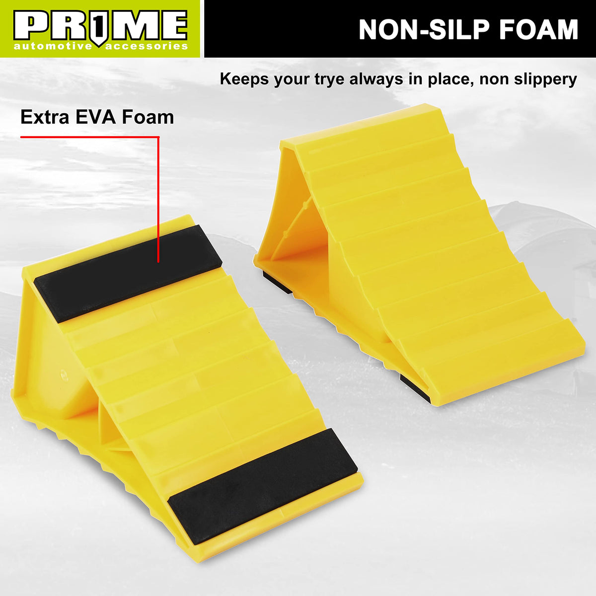 PR1ME wheel chocks with non-slip EVA base offering stable grip.