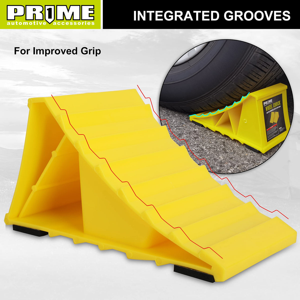 PR1ME wheel chocks use UV-resistant plastic for outdoor durability.