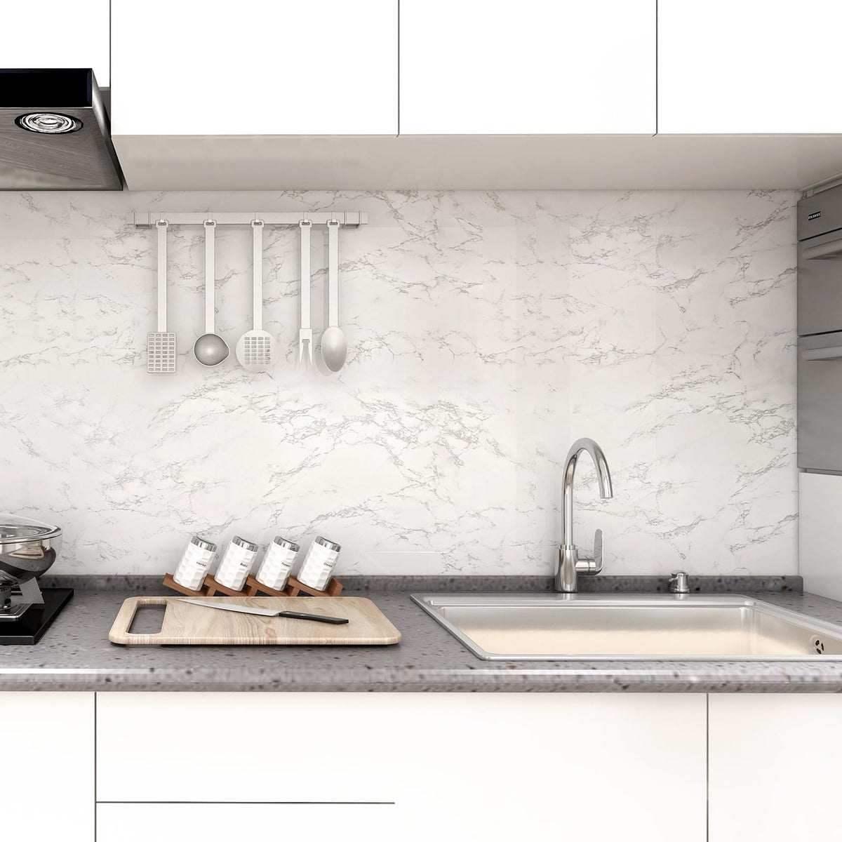 practicalWs marble wallpaper on a drawer front refreshes furniture with minimal effort