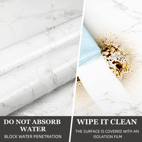 practicalWs marble wallpaper on a shelf brightens storage with a modern touch