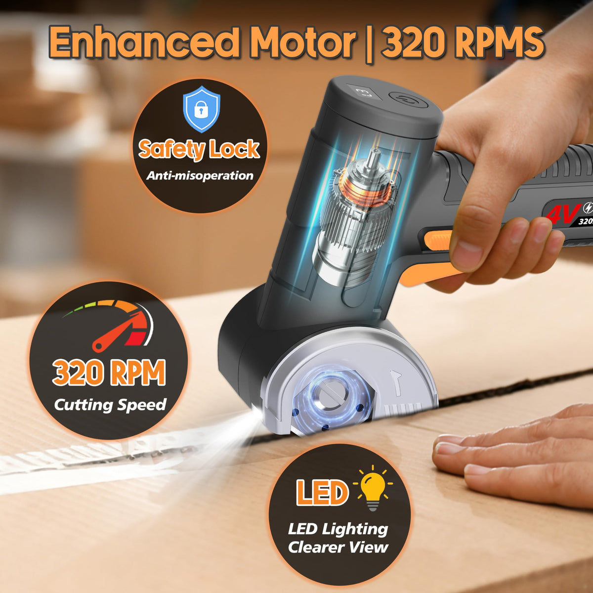 Pratuor 320 RPM motor powering fast, smooth cuts through thick cardboard.