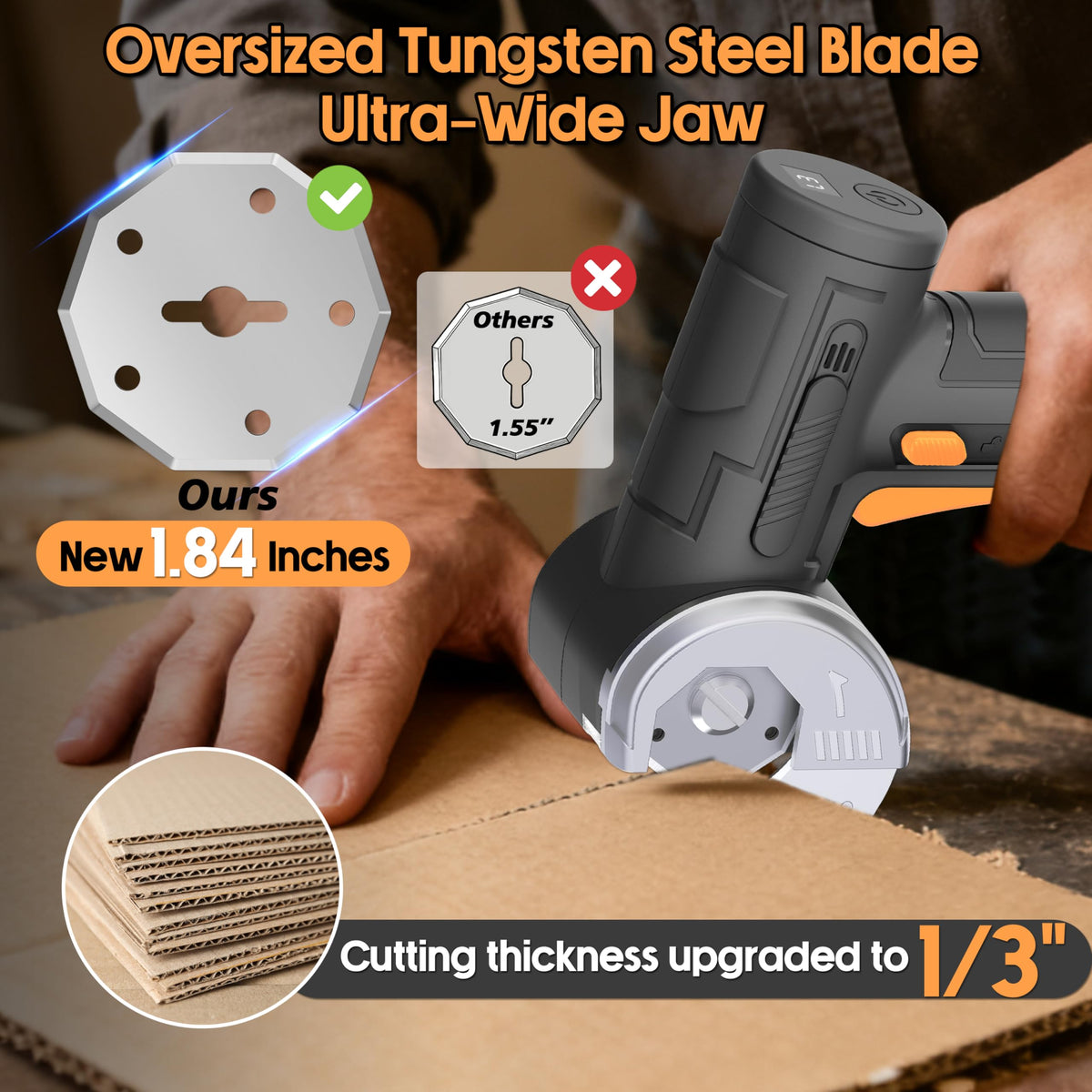 Pratuor cordless scissors with wider head opening cutting cardboard with ease.