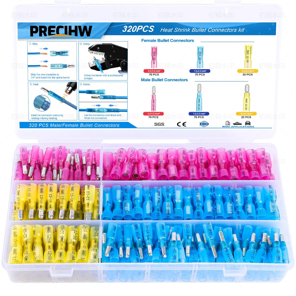 PRECIHW heat shrink bullet connectors kit laid out for versatile wiring projects
