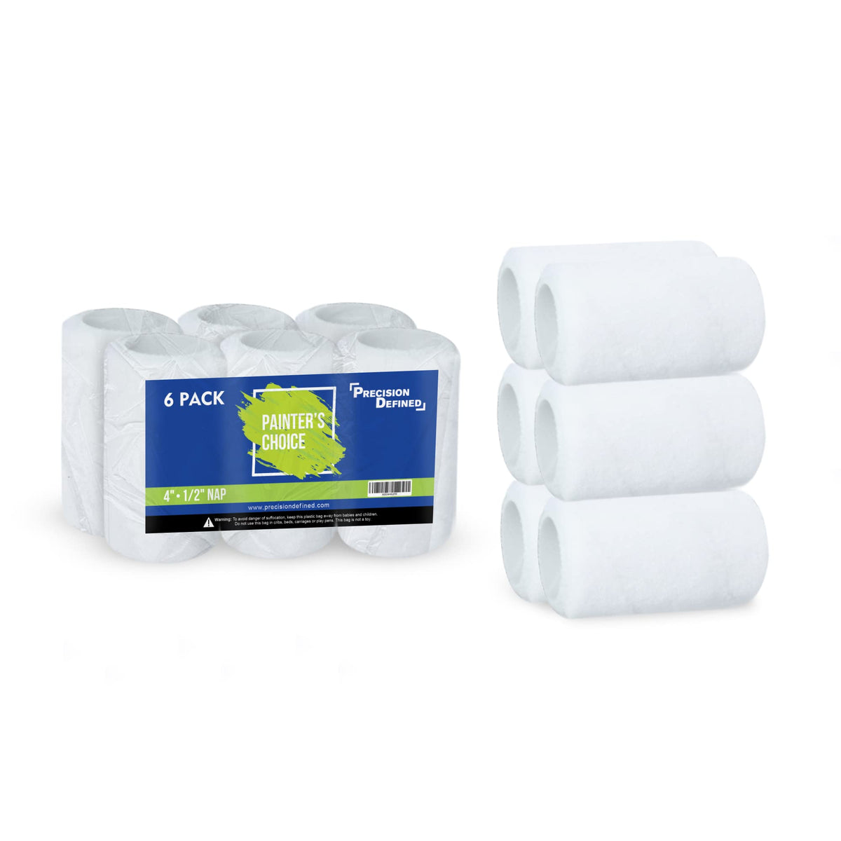Precision Defined 4-inch roller cover pack, front view, for smooth paint distribution
