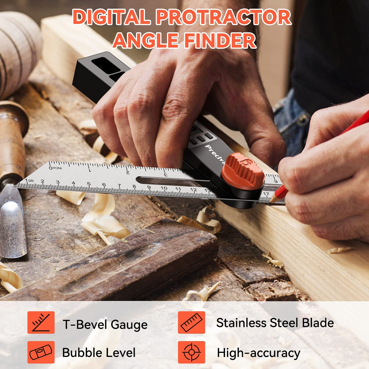 Preciva angle finder with horizontal bubble helps level before cuts.