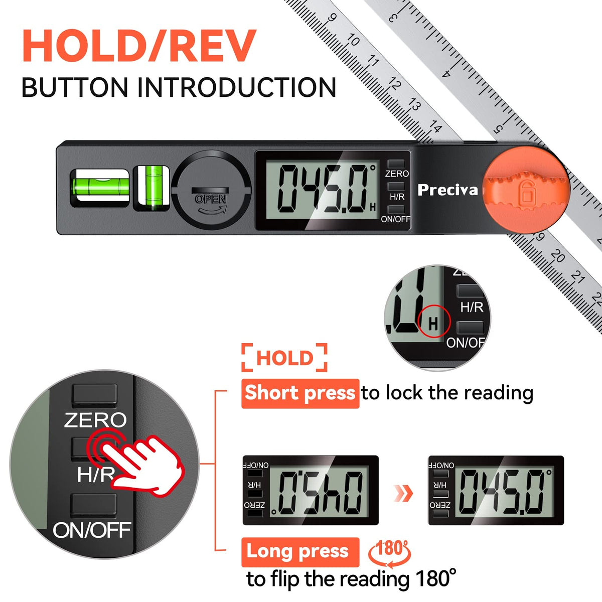 Preciva digital protractor covers 0-338° range for bevels.