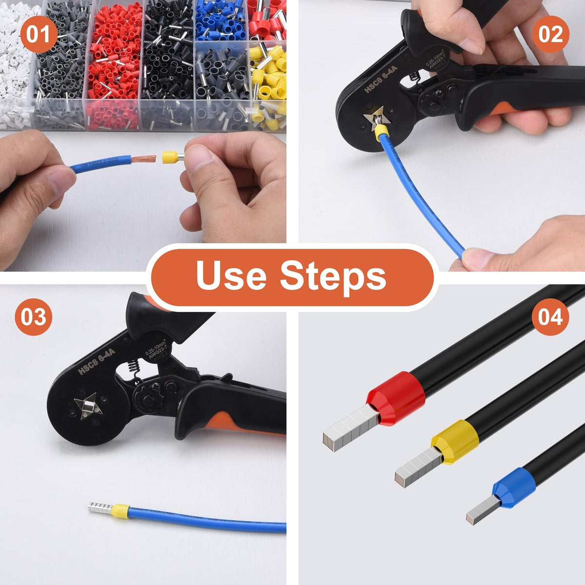 Ergonomic non-slip handle reduces fatigue during crimping.