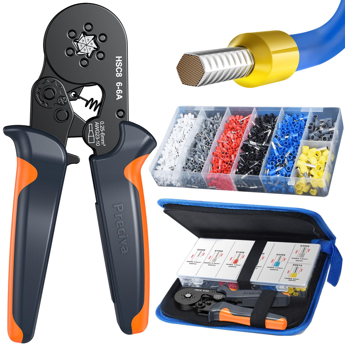 Preciva ferrule crimping tool kit with 1900 ferrules for secure electrical connections.