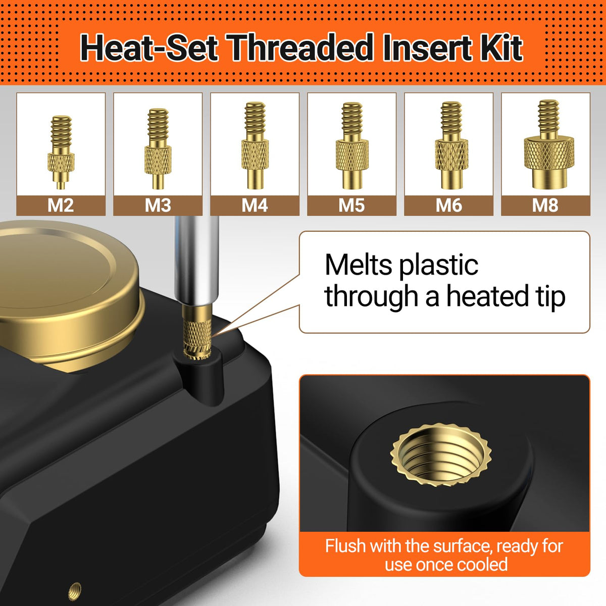 Six heat-set tips M2–M8 for versatile fastening sizes