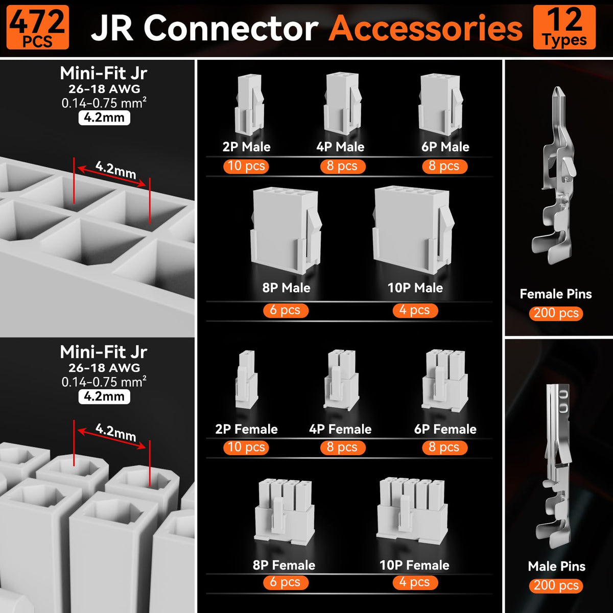 Preciva Mini-Fit Jr kit 12 connector varieties for 2-10 pin projects