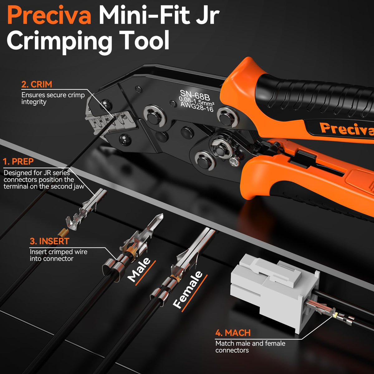 Preciva Mini-Fit Jr crimping tool side view with ergonomic grip