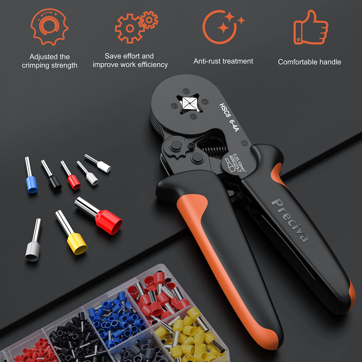 Ratcheting crimp tool provides controlled, uniform crimps.