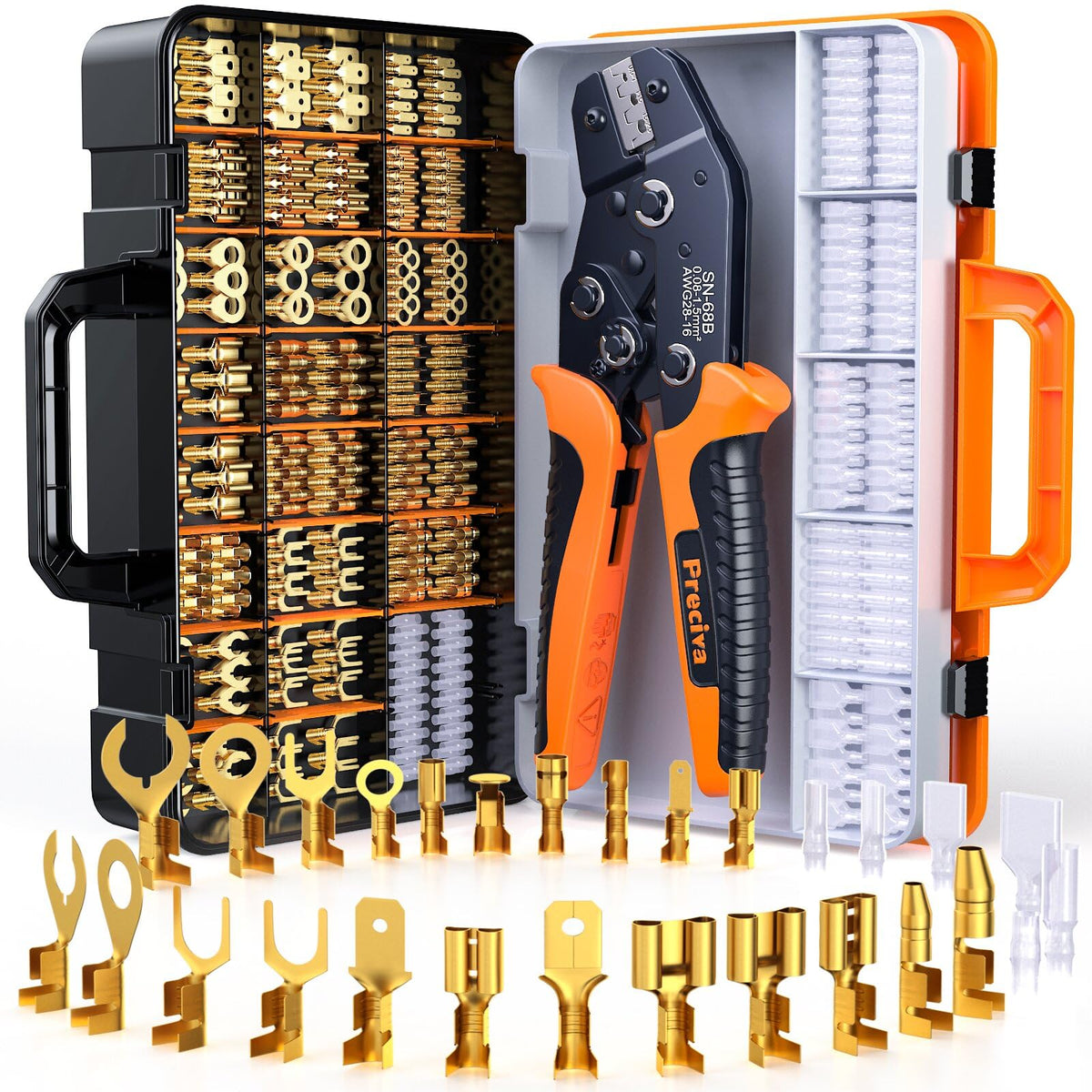 Preciva spade connector kit with pliers for versatile automotive and electrical wiring tasks.