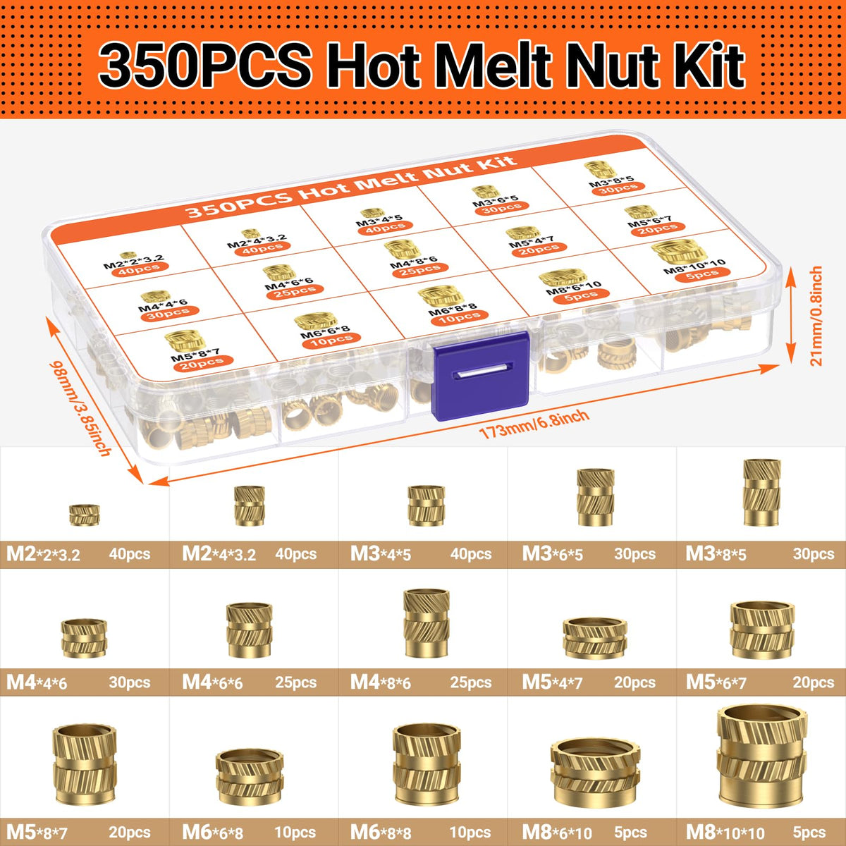 Assorted threaded inserts for plastic parts and 3D prints